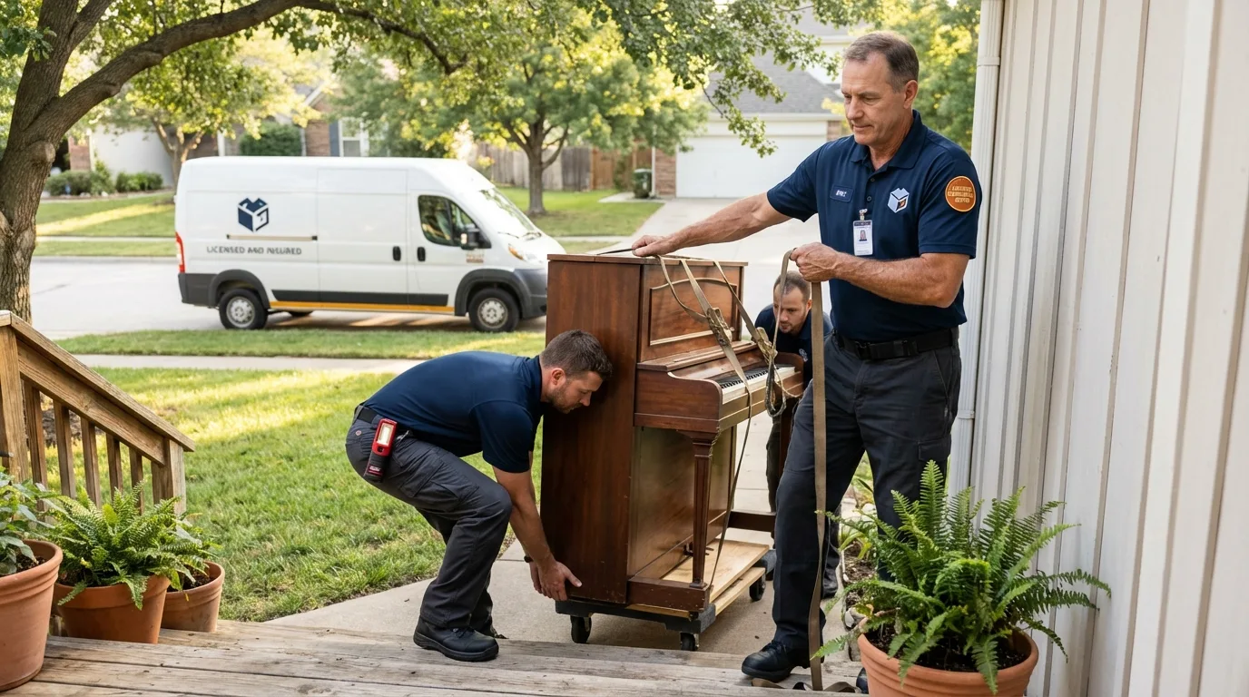 Licensed piano movers securing grand piano in Columbia, SC