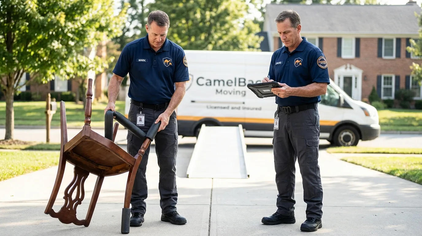 Movers inspecting furniture for damage prevention before loading in Columbia, SC