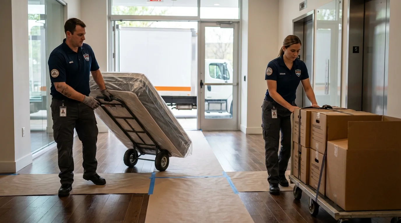 Professional apartment movers loading elevator in Columbia, SC