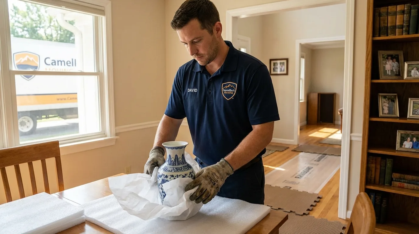 Professional crew carefully wrapping antique vase for senior downsizing move in Columbia, SC